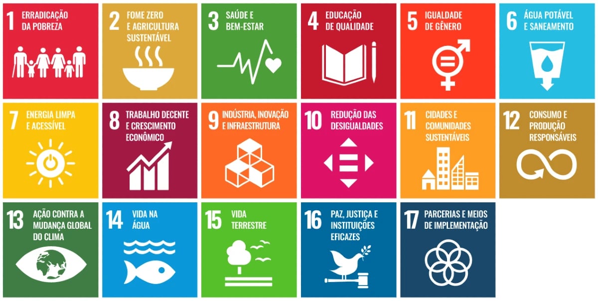 Lista com os Objetivos de Desenvolvimento Sustentavel (ODS) da ONU. Créditos: Divulgação/ONU Brasil.