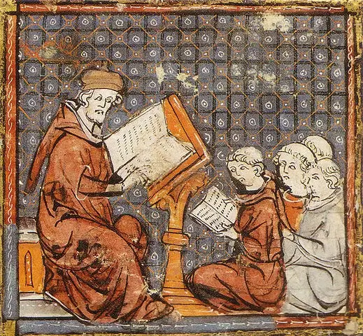 Recorte de iluminura que representa uma aula de filosofia no final do século 14. Créditos: Domínio Público/BVMM.